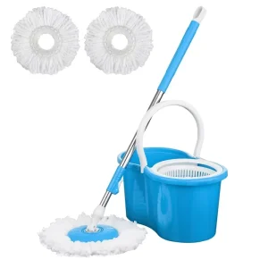 Foldable Round Spin Mop Bucket Set with 2 Microfiber Mop Heads, Plastic Basket