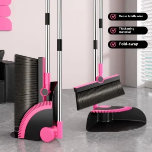 Folding Self-Cleaning Broom and Dustpan Set Long Handle With Teeth Stand-Up Space-Saving Design