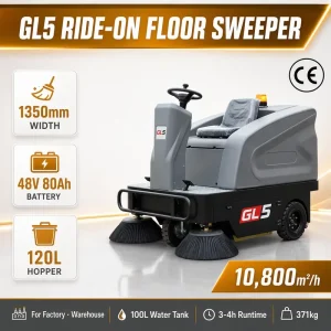 GL5 Industrial Ride-On Floor Sweeper 1350mm Cleaning Width 48V 80Ah 120L Hopper 3-4h Runtime for Factory Warehouse CE
