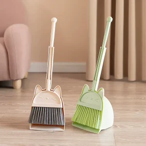 Green Mini Plastic Broom and Dustpan Set Comfortable Handle for Kids and Small Homes