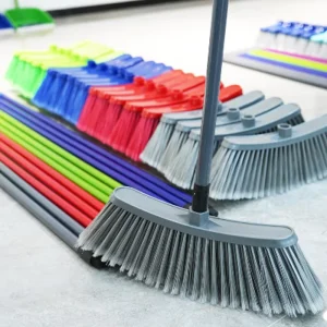 Grey Plastic Broom with Sturdy Bristles and Long Wooden Handle for Home Cleaning