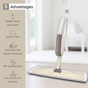 HOMTOYOU Wet Mop Spray Cleaning Solution for Home Kitchen 1 Refillable Bottle 3 Washable Microfiber Pads for Hardwood Floors
