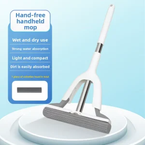 Handheld Sponge Mop with Hands-Free Washing, Roller-Type Rubber Pad, Foldable Water Squeezer