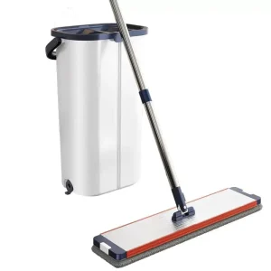Hands-Free 360-Degree House Cleaning Flat Mop and Bucket Set with Steel Pole, Plastic Basket, and Self-Wringer