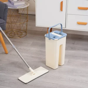 Hands-Free Flat Floor Mop Set with Self-Cleaning Bucket, Microfiber Pads and Plastic Handle