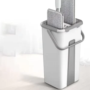 Hands-Free Microfiber Flat Mop with Bucket and 360 Spin Squeeze Wringer