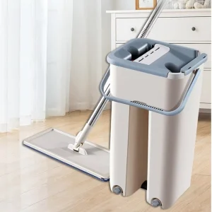Hands-Free Self-Washing Microfiber Flat Mop with Long Handle and Squeeze Bucket