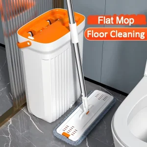 Hands-Free Squeeze Flat Mop and Bucket Set Self-Cleaning Floor Mop with 360 Swivel Head Microfiber Pads for Wet and Dry Use