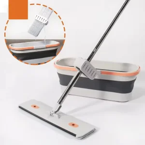 Hands-Free Squeeze Flat Mop with Large Collapsible Bucket Set 140cm Stainless Steel Handle
