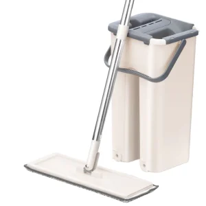 Hands Free Tablet Mop and Bucket Set with Flat Stainless Steel Handle Twist System & Extended Mop for Wood