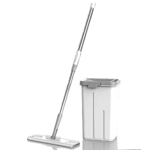 Hands free Microfiber Flat Mop and Bucket Stainless Steel Rod Scraper Design 360° Rotating Floor Cleaning 10L Long Handle