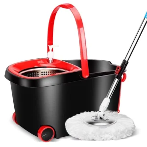 Heavy Duty 360° Spin Mop and Bucket Set with Big Wheels Stainless Steel Wringer Soap Dispenser Black and Red Cleaning System