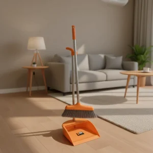 Heavy Duty Black Orange Broom Dustpan Set Self Cleaning Teeth Upright Metal Long Handle for Home Restaurant Office Dorm