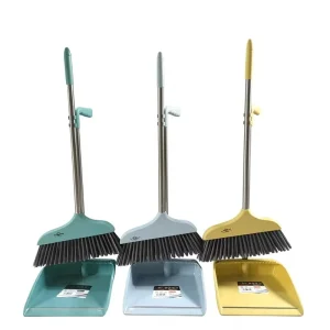 Heavy Duty Broom and Dustpan Set with Stainless Iron Handle Built in Cleaning Comb for Hair Filtering Professional Cleaning Kit