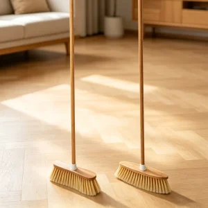 Heavy Duty Deck Scrub Brush with Long Handle, Screw-Free Bamboo Push Broom for Outdoor Patio, Concrete, Stone and Step Cleaning