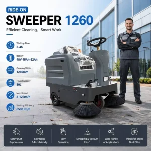 Heavy-Duty Driving Floor Sweeper, 1260 mm Cleaning Path, 8-12 km/h, Hydraulic Double Disc Brake