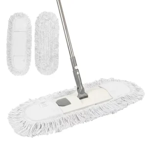 Heavy Duty Eco friendly Reusable White Cotton Flat Dust Mop with Long Steel Handle for Various Flooring Types