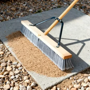 Heavy Duty Outdoor Wide Floor Push Broom with Wooden Brush Block and Large Plastic Wood Handle for Cement, Dust, and Gravel
