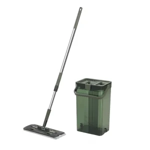 High End Durable Transparent Green Lightweight Flat Mop Set Foldable Steel Pole Sliding Wringing 2 Microfiber Mopheads 80 90%
