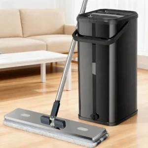 High Quality Durable Big Size House Cleaning Hands Free Black Flat Mop 360 Degree Rotating Head 12L Stainless Steel Bucket