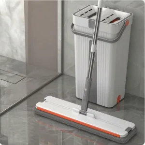 Home Cleaning Set with Mop Bucket Flat Floor Head Washable Microfiber Pads and Steel Pole