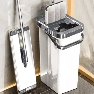 Home Cleaning Set with Self-Wringing Flat Floor Mop, Steel Bucket, and Washable Microfiber Pad