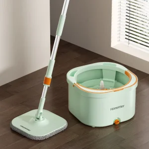 Homettler Flat Mop with Bucket High Quality Microfiber Mop Long Steel Pole with Dust Cleaning with Squeezing Feature for Home