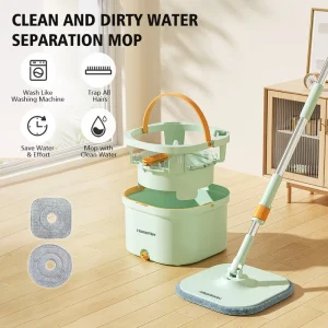 Homettler Mop and Bucket Set Spin Mop 360 Magic Mop with Bucket Quick Clean Microfiber Lazy Squeeze Flat Mop Self Squeez