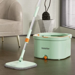Homettler Mops Home Cleaning Spin Mops and Bucket Set with Foldable Steel Pole Squeeze Mop Bucket with Replacement Microfiber