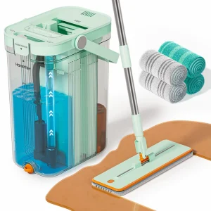 Homettler Telescopic Transparent Flat Mop Bucket Dual Chamber Dirty Water Clean Water Self Separation Four Reusable Mop Pads