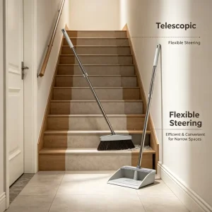 Household Broom Dustpan Set Soft Plastic Bristle Sturdy Stainless Steel Stick Modern Indoor Home Floor Sweeping Cleaning Gear
