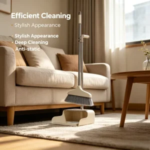 Household Broom and Folding Plastic Dustpan Set with Soft Bristles for Floor Cleaning