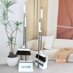 Household Cleaning Broom and Dustpan Set with White Long-Handle Plastic Brooms