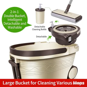Household Dual-Drive Spin Bucket Mop with Long Handle Stainless Steel Rod Self-Wringer Round Head Microfiber Mop