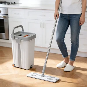 Household Floor Cleaning Microfiber 360 Spin Hand Free Detachable Sliding Flat Squeeze Steel Pole Wash Dry Double Bucket Mop Set