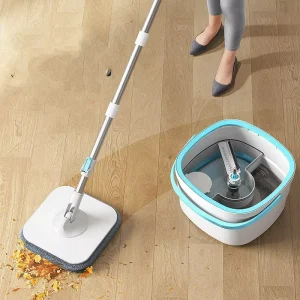 Household Spin Mop with Foldable Steel Pole and 360-Degree Spin Bucket for Water Separation