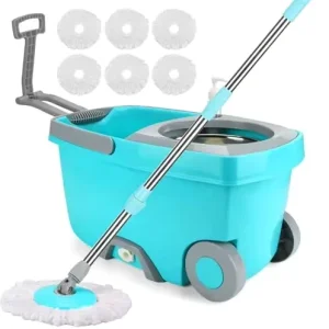 Household Telescopic Handle 6 Microfiber Replacement Heads Stainless Steel Pole Wringer Wheels Rotating Mop Bucket Cleaning Set