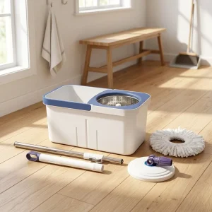 IMAXX Microfiber Mop Pad 360 Degree Rotating for with Four Side Wringing Bucket and Plastic Basket Set