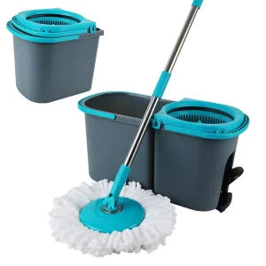 Independent Dual-Bucket Blue Microfiber Swivel Hands-Free Telescopic Rectangle Spin Mop Bucket Set