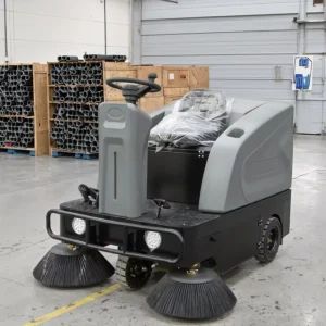 Industrial Electric Ride-On Self-Propelled Street and Floor Sweeper with Side Brush, Battery-Powered