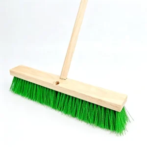 Industrial Hard Green PP Push Floor Broom with Wooden Stick for Construction Sites, Warehouses, Roads and Garages