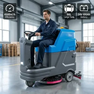 Industrial Ride-On Floor Scrubber 4500 m²/h 90L Tank 24V 100Ah Battery Automatic Floor Cleaning Machine