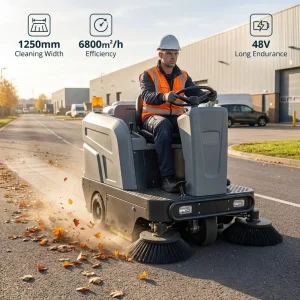 Industrial Ride-On Floor Sweeper 1250mm Width 48V 67Ah Battery Powered 6800m2/h Efficiency for Road and Warehouse