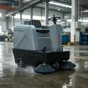 Industrial Ride-On Floor Sweeper for Manufacturing Workshops with Wet and Dry Cleaning