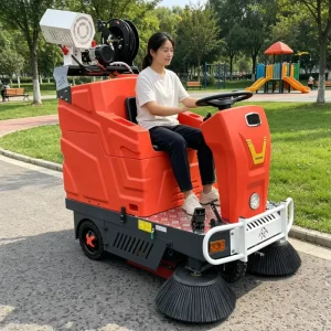 Industrial Ride-on Electric Floor Sweeper with Water Spray System for Streets, Warehouses, and Parking Lots
