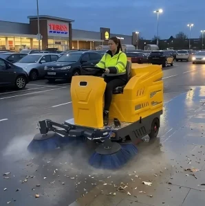 Industrial Ride-on Street Sweeper Machine with 5 Brushes, Water Spray, Dust Control, and High-Pressure Washer