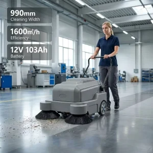 Industrial Walk-Behind Floor Sweeper, 990 mm Cleaning Width, 12 V 103 Ah Battery, 1700 m²/h, for Factory Roads and Warehouses