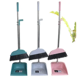 JY1321 Steel Broom and Dustpan with Soft Bristles Plastic Handle for Indoor Floor Cleaning