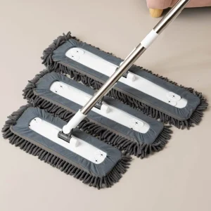 Large Chenille Flat Mop with Stainless Steel Tray for Wooden and Tile Floors
