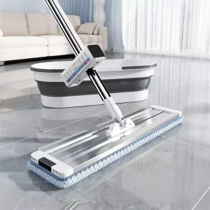 Large Flat Mop Set with 2 Reusable Microfiber Mop Heads and Self-Wringing Bucket